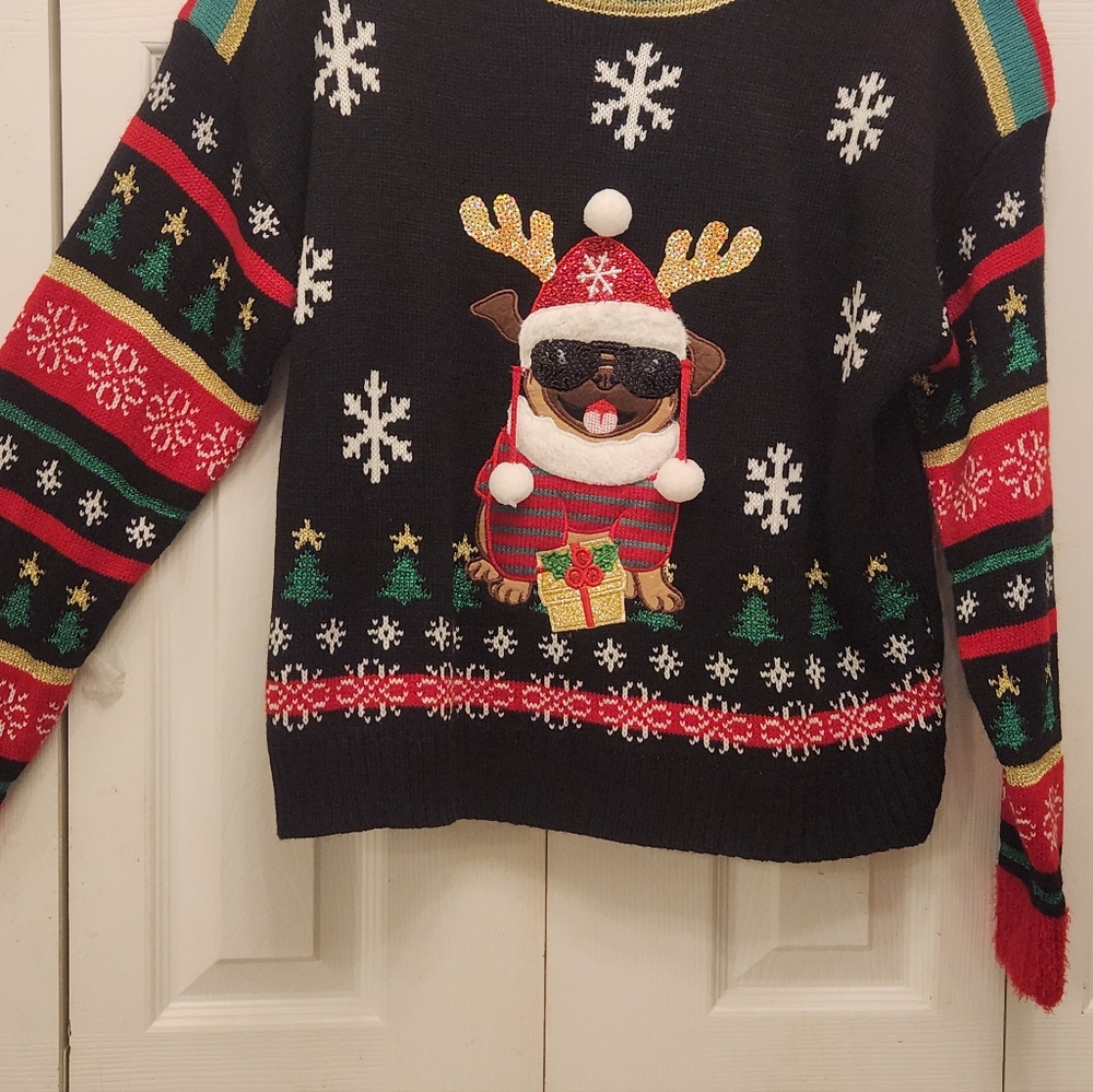 Festive Black Christmas Sweater with Pug With Shades And Reindeer Ears. So FUN!!